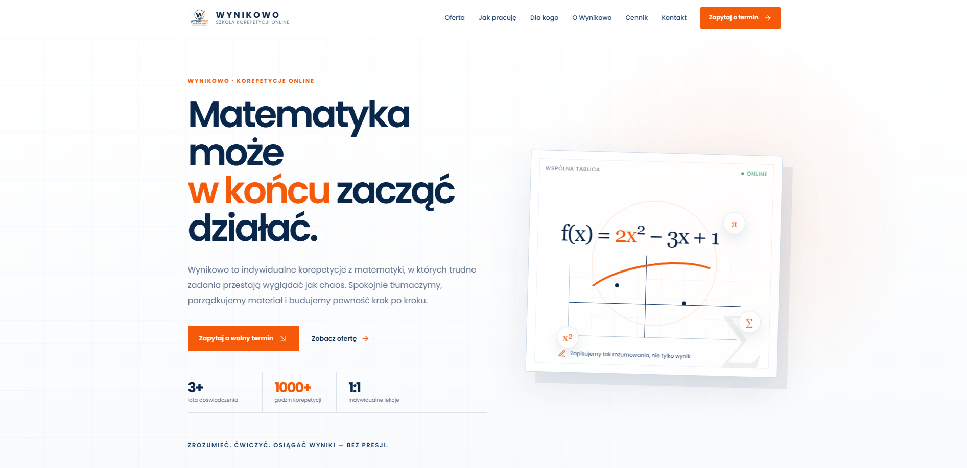 Podgląd strony internetowej szkoły nauki matematyki Wynikowo
